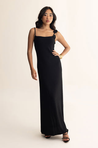 Dahlia Maxi Dress in sleek viscose with a square cowl neckline, floral strap detail, and slim fit.