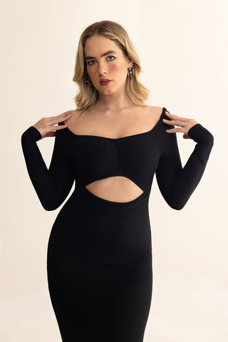 Close-up of Elara Dress highlighting the center front cut-out detail and elegant fabric.