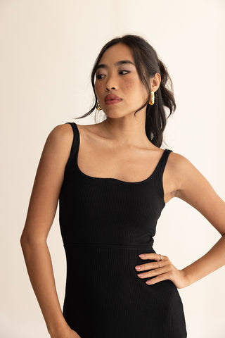 Close-up of Elysia Dress, highlighting the elegant wide W neckline and soft viscose fabric.