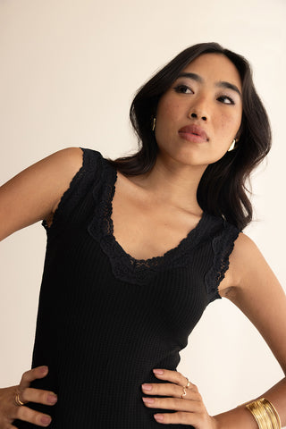 Close-up of Ava Dress showcasing intricate lace trim details on the neckline and sleeves.