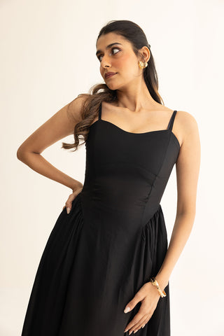 Close-up of Zaria Dress featuring a sweetheart neckline, pleated dress and delicate spaghetti straps.
