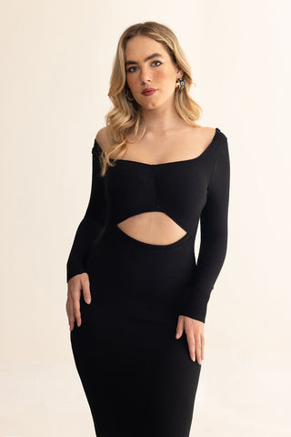Elara Dress, features a body-hugging fit with a front cut-out design.