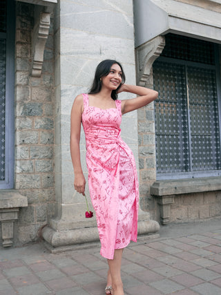 Juliet Midi dress with sweetheart neckline, front knot waist detail, and gathered sleeves.