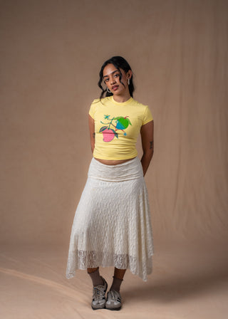 Butter yellow Mango baby tee with colorful hand-drawn mango graphic print