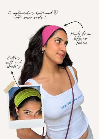 nimade model wearing a hairband from left-over fabrics as a complimentary hairband with every order