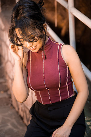 Windsor Wine cropped sleeveless high-neck top in fine-knit organic cotton.