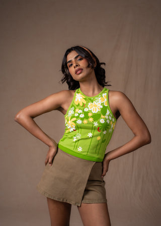 Daisy Tank featuring blooming daisies and playful chili illustrations print on the front