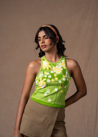 Close-up of the daisy and chili print on the Daisy Tank