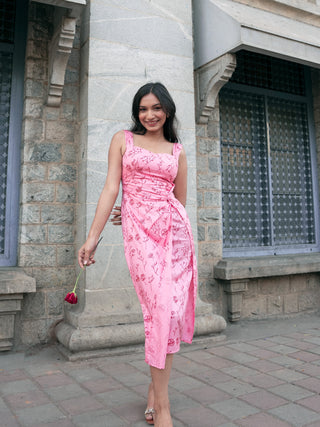 Side profile of Juliet Midi dress featuring gathered sleeves and form-fitting silhouette.