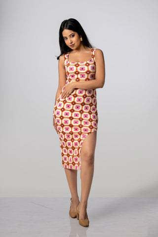 Celestial Slit Midi Dress in organic cotton with a summer geometric floral print, wide neckline, and flirty side slit.