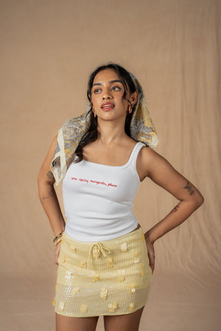 Margarita Tank Top in white with 'one spicy margarita, please' embroidered detail on the front