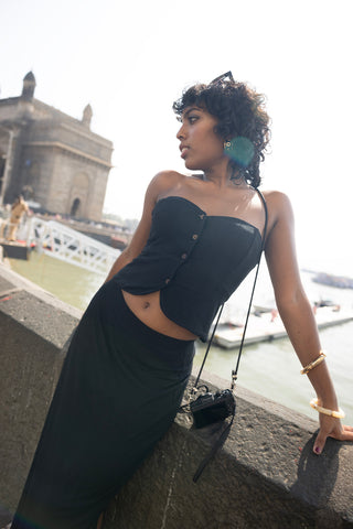 Noir Black Co-ord Set, tube top paired with a black luxe knit maxi skirt.