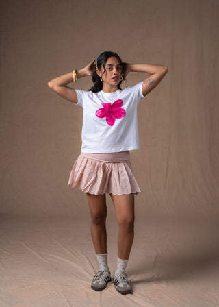 White Pink Bloom tee with vibrant hand-painted floral graphic print