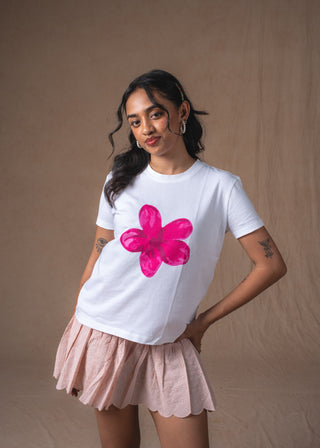 White Pink Bloom boxy fit tee styled for a casual summer look