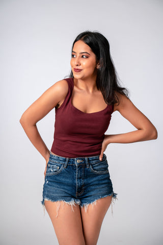 Nimade Plum Cami in Windsor Wine, a cropped top made from soft organic cotton with a wide neckline for a flattering fit.