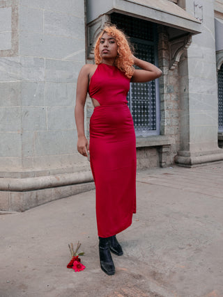 Valerie Midi dress in soft viscose with a halter neck, flared skirt, and open back.