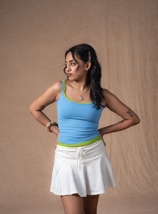 Seabreeze Double Scoop Tank featuring a sky-blue base and green contrast trim in detailed close-up