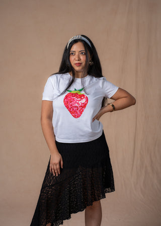 Front view of white Strawberry relaxed boxy fit tee