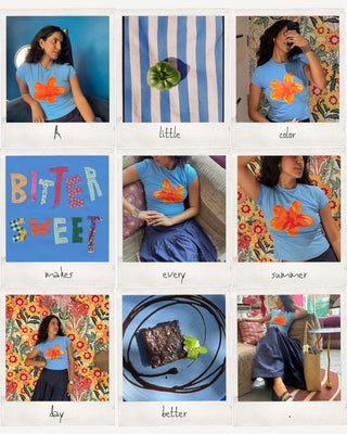 A collage of showing a woman wearing a light blue sunset nimade summer tshirt with a large orange flower graphic on the front. The collage includes text overlays like 'A', 'little', 'color', 'BITTER', 'sweet', 'makes', 'every', 'summer', 'day', and 'better'.