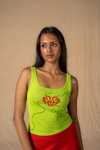 Detailed view of hand-drawn chilli graphic on Sweet Chilli tank top