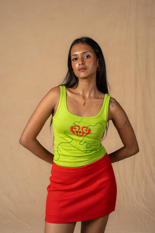 Close-up of hand-drawn chilli graphic on Sweet Chilli tank top