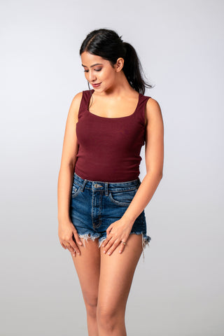 Front view of the Plum Cami in Windsor Wine, showcasing its cropped length and elegant wide neckline.