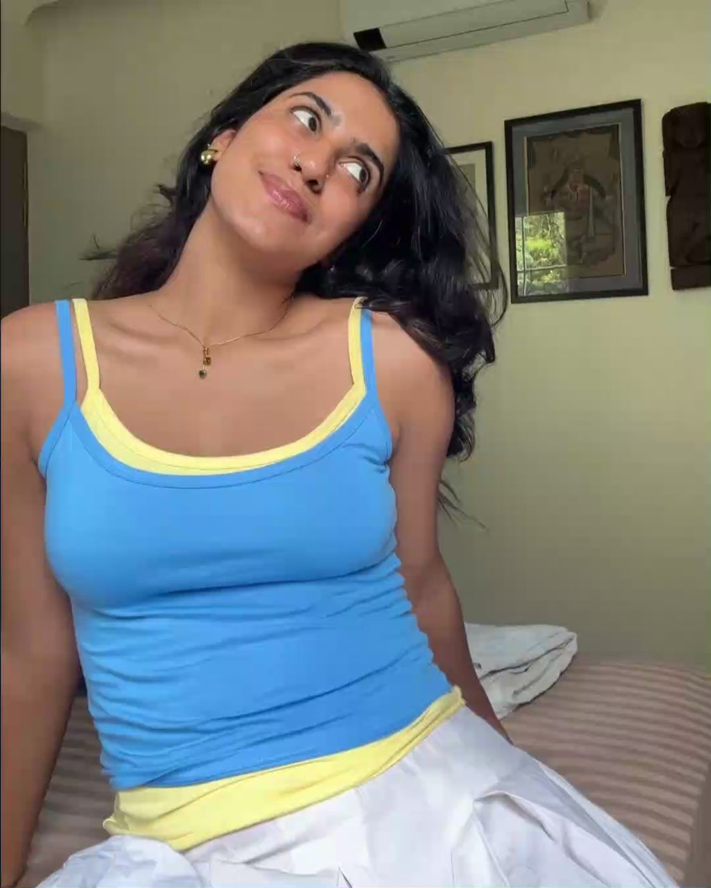 Nimade lemon sky buttery yellow contrast binding on the Lemon Sky Double Scoop Tank