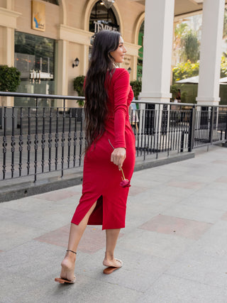 Back view of Amour Midi dress with a back slit at the hem and seamless zip fastening